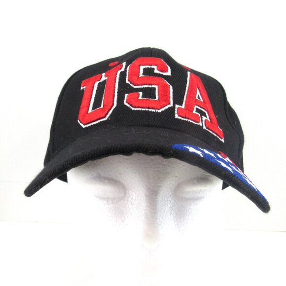 USA Embroidered Logo with Embroidered Flag Men's Black Adj Strap Back Cap Hat - Picture 3 of 8